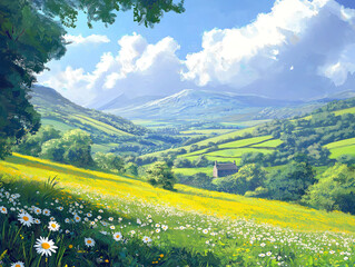 Picturesque Landscape of Rolling Hills in Wales
