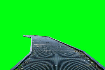 Abstract grated steel walkway photographed against a chroma key green background, Ideas for compositing , motion graphics, architectural design mockups etc., 