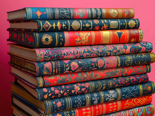 Beautifully Stacked Books with Elaborate Patterns on Covers