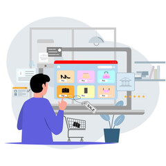 Flat vector illustration of online shopping concept. A man stands in front of a giant laptop and smart phone screen displaying various fashion products like bags, shoes, and accessories.