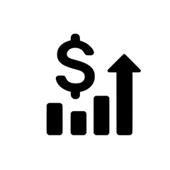 Dollar sign with upward arrow over bar chart, representing financial growth, profit, or business success.