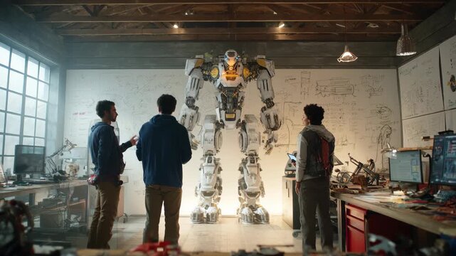 Three Engineers Analyzing Large Humanoid Robot Prototype in Industrial Workshop with Tools