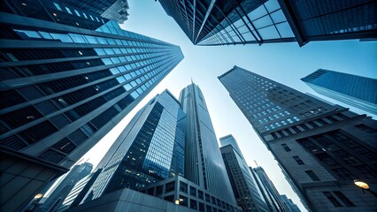 Fototapeta premium Dramatic Low Angle View of Modern Glass Skyscrapers in Urban Cityscape