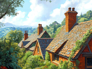 Traditional Stone Cottages in Wales with Chimney Rooftops