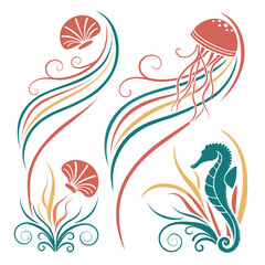 Ocean life decorative elements seahorse jellyfish