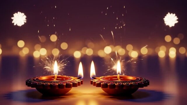 Diwali wallpaper featuring two diyas lighting up the vibrant celebrations with sparklers. Ideal for festive greeting cards, posters, and social media graphics. - Powered by Adobe
