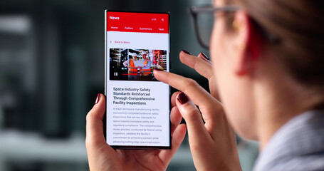 Busy Businesswoman Scrolling Through Online News Headlines On Smartphone