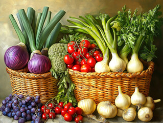 Woven Baskets Brimming with Leeks and Fresh Farm Vegetables