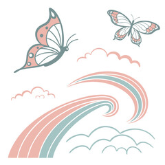 Pastel butterflies and abstract rainbow waves butterfly