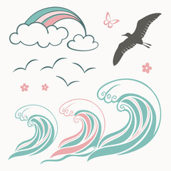 Pastel rainbow clouds bird waves flowers vector