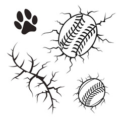 Paw print and cracked baseballs sport animal