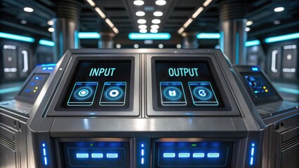 Text-to-Image AI Model Futuristic control panel with illuminated buttons and screens in a high-tech environment.