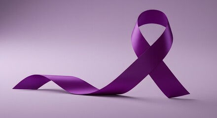 A single purple ribbon stands against a light purple background, representing cancer awareness and the fight against the disease