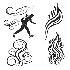 Running man and abstract swirls black silhouette