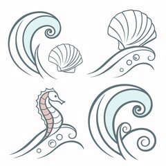 Sea life wave and shell icons ocean water