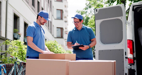 Hardworking Latino Mover Unloading Heavy Boxes