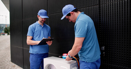 Hispanic HVAC Repair Technician Servicing HVAC System