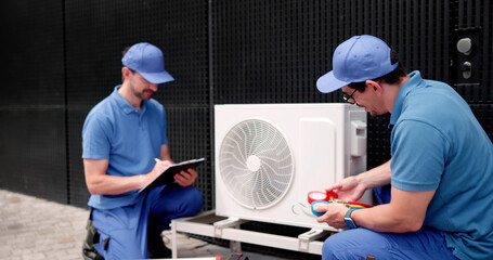 Commercial HVAC Worker Inspecting Air Conditioning System For Repairs