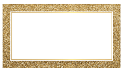 Gold glitter rectangular frame border isolated on a transparent background in PNG format.