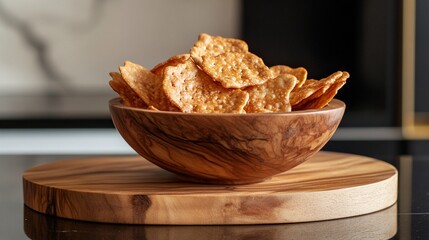 Crispy crackers in a wooden bowl.