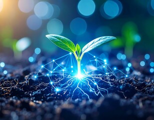 Seedling growth with glowing network connections symbolizes innovation and technology