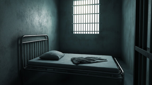 Empty prison cell with single bed and barred window
