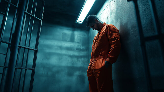 Prisoner in orange jumpsuit leaning against cell wall