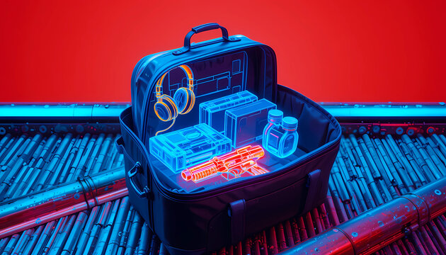 Open black bag with glowing outlines of headphones, boxes, bottles, and a toy gun on bamboo surface