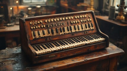 An old wooden keyboard instrument displayed with authentic details in a detailed photo