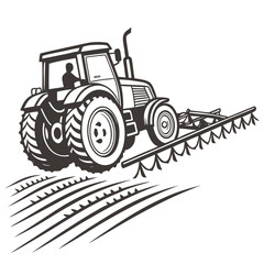 Tractor plowing field with harrow farming agriculture