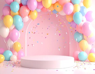 Pastel balloons adorn pink stage with confetti, perfect for celebrations and product displays