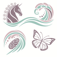 Unicorn wave butterfly abstract design horse water