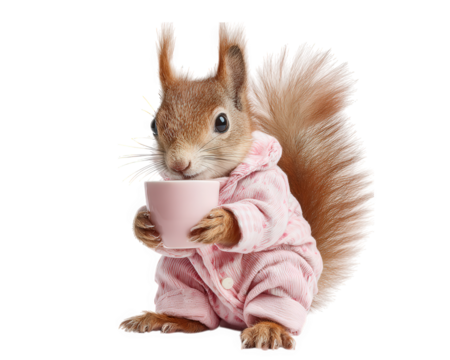 Squirrel animal pink pajamas cup coffee cute isolated fluffy morning. fluffy squirrel in pink pajamas holding cup isolated on white radiates cozy and cheerful morning vibe
