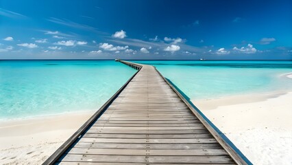 Obraz premium Long Wooden Pier Leading Into Turquoise Tropical Ocean Under Blue Sky