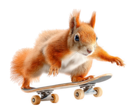 Squirrel riding skateboard isolated on transparency background, playful animal performing trick, energetic and fun, concept of adventure and agility, low resolution image