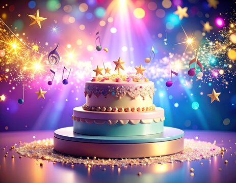 Celebratory cake with stars and musical notes on a shimmering bokeh background for a birthday