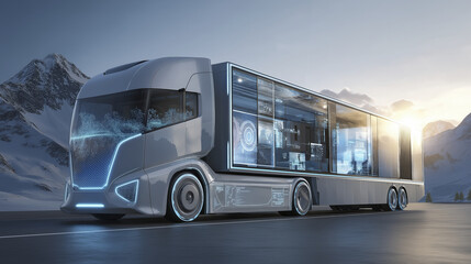 Futuristic electric truck on mountain road with digital screens and glowing lights, showcasing advanced technology and eco friendly transportation in scenic snowy landscape