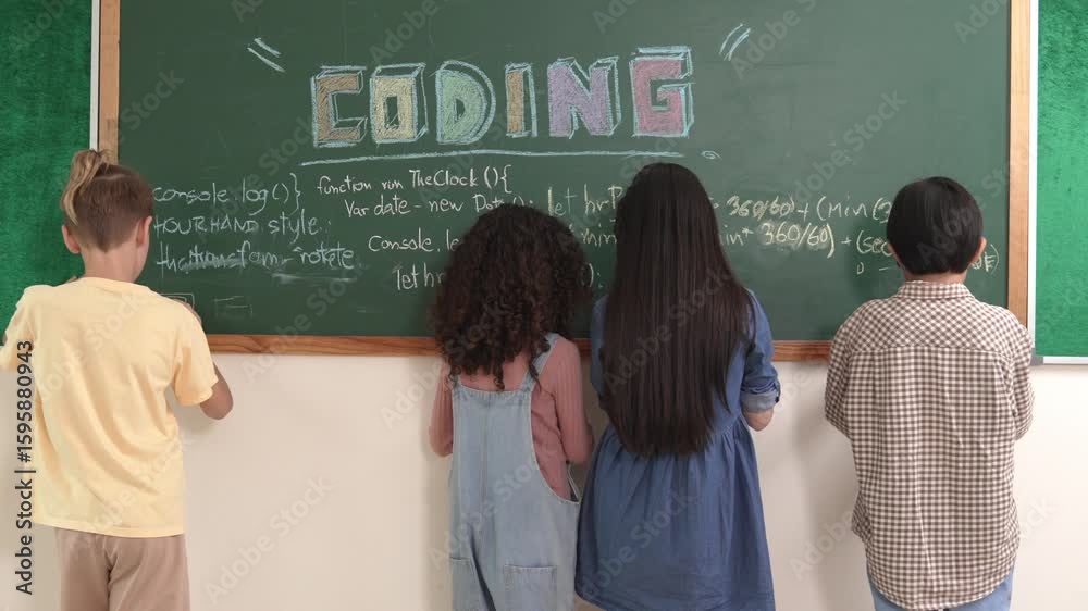 Poster back view of smart student writing coding engineering prompt and generated ai programing system code