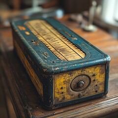 Antique mechanical calculator resting on wooden surface vintage engineering photo close up shot