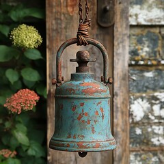 Antique teal bell hanging with rusty chain and beautiful hydrangeas photo for decoration