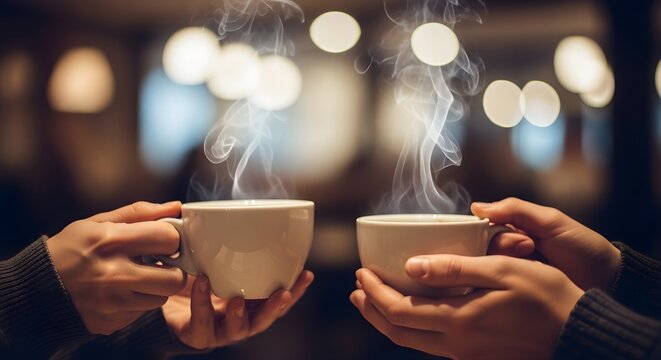 Two hands holding white coffee cups with steam rising from them