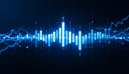Blue financial graph with bars and lines representing market data analysis on a dark background