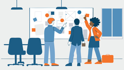 Obraz premium Three people collaborating on a whiteboard with notes and diagrams in an office setting together now