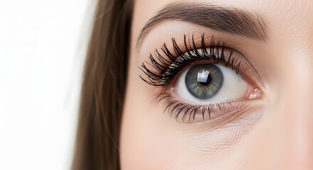 Obraz premium Close-up extreme detail of a beautiful woman's blue-green eye with long lashes and flawless skin, highlighting makeup and natural beauty.