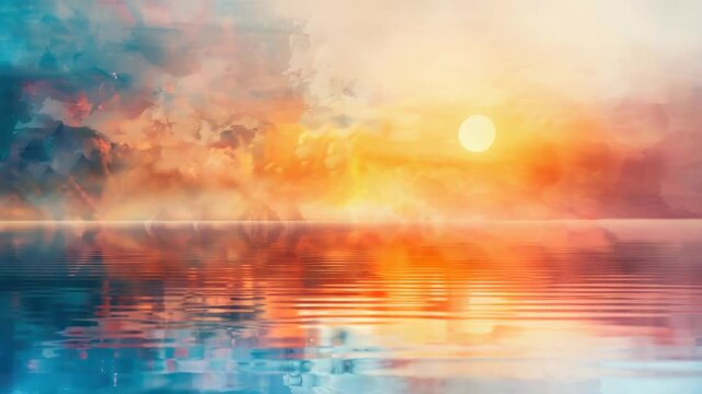 Watercolor artwork of a sunset over the water