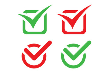 Green check mark, red cross mark icon set. Isolated tick symbols, checklist signs, approval badge. Vector illustration. 