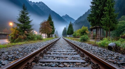 Obraz premium Misty mountain railway track