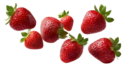 A variety of strawberries floating in the air, arranged neatly isolated on a transparent background in PNG format.