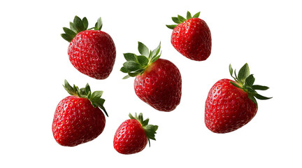 A variety of strawberries floating in the air, arranged neatly isolated on a transparent background in PNG format.