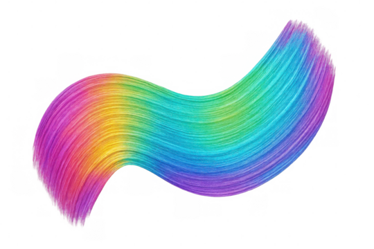 Vibrant rainbow hair brush stroke forming a dynamic wave pattern, ideal for creative projects on transparent background